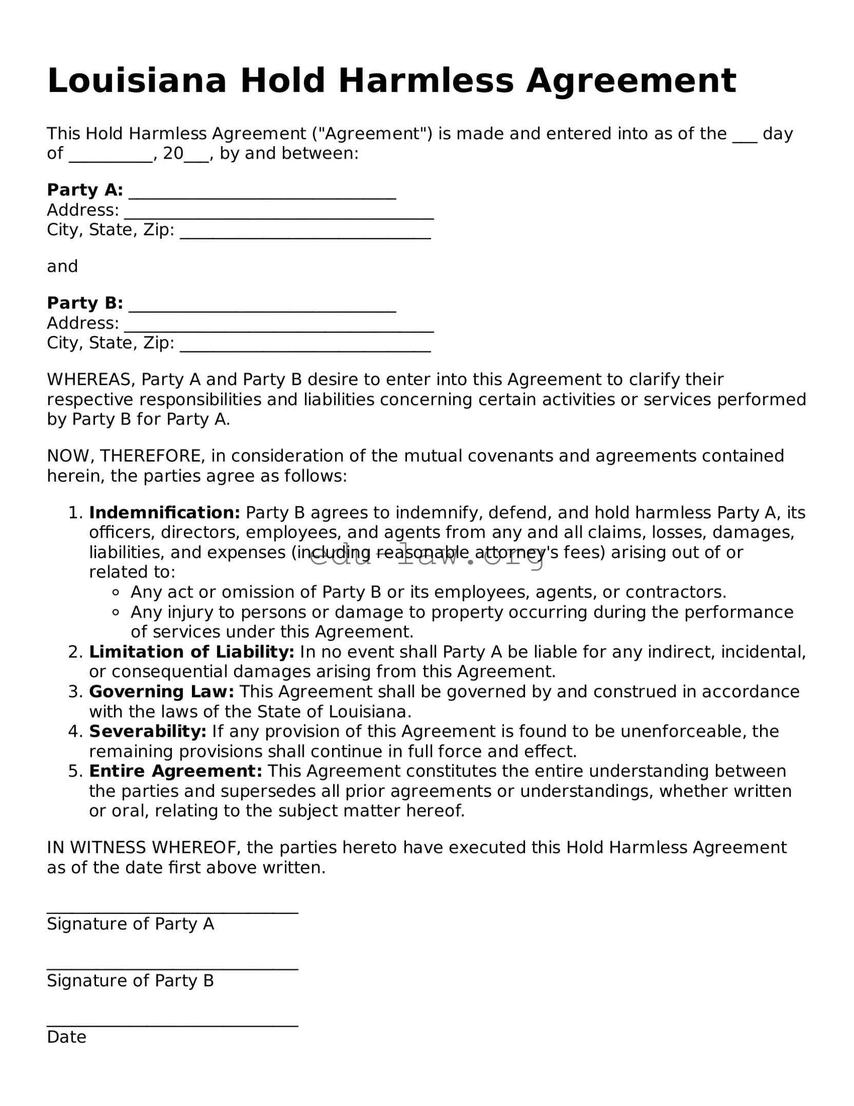 Legal  Hold Harmless Agreement Template for Louisiana