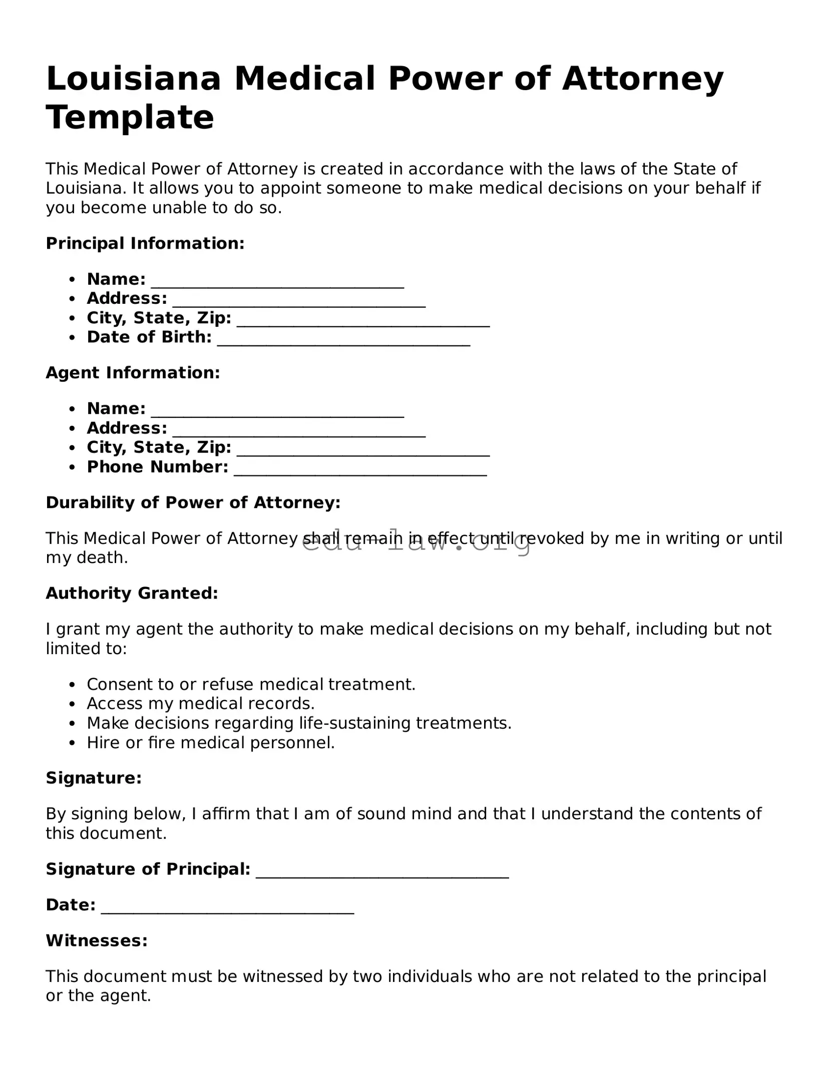 Legal  Medical Power of Attorney Template for Louisiana