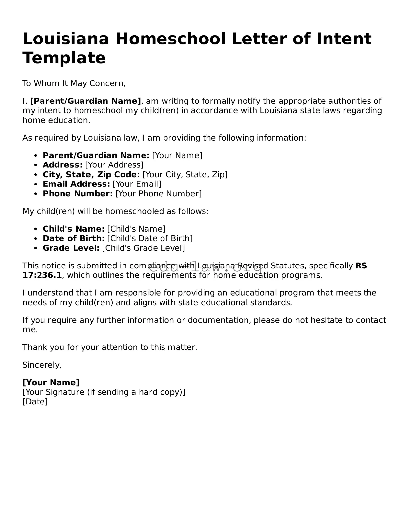 Legal  Homeschool Letter of Intent Template for Louisiana