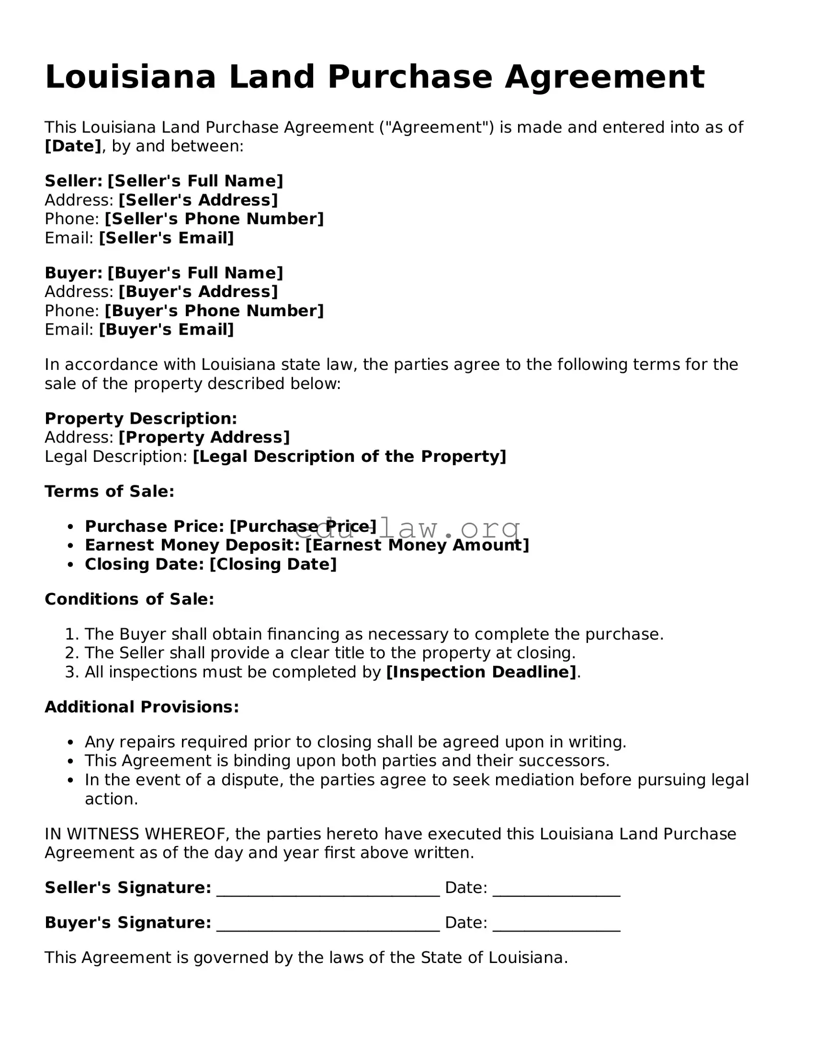 Legal  Land Purchase Agreement Template for Louisiana