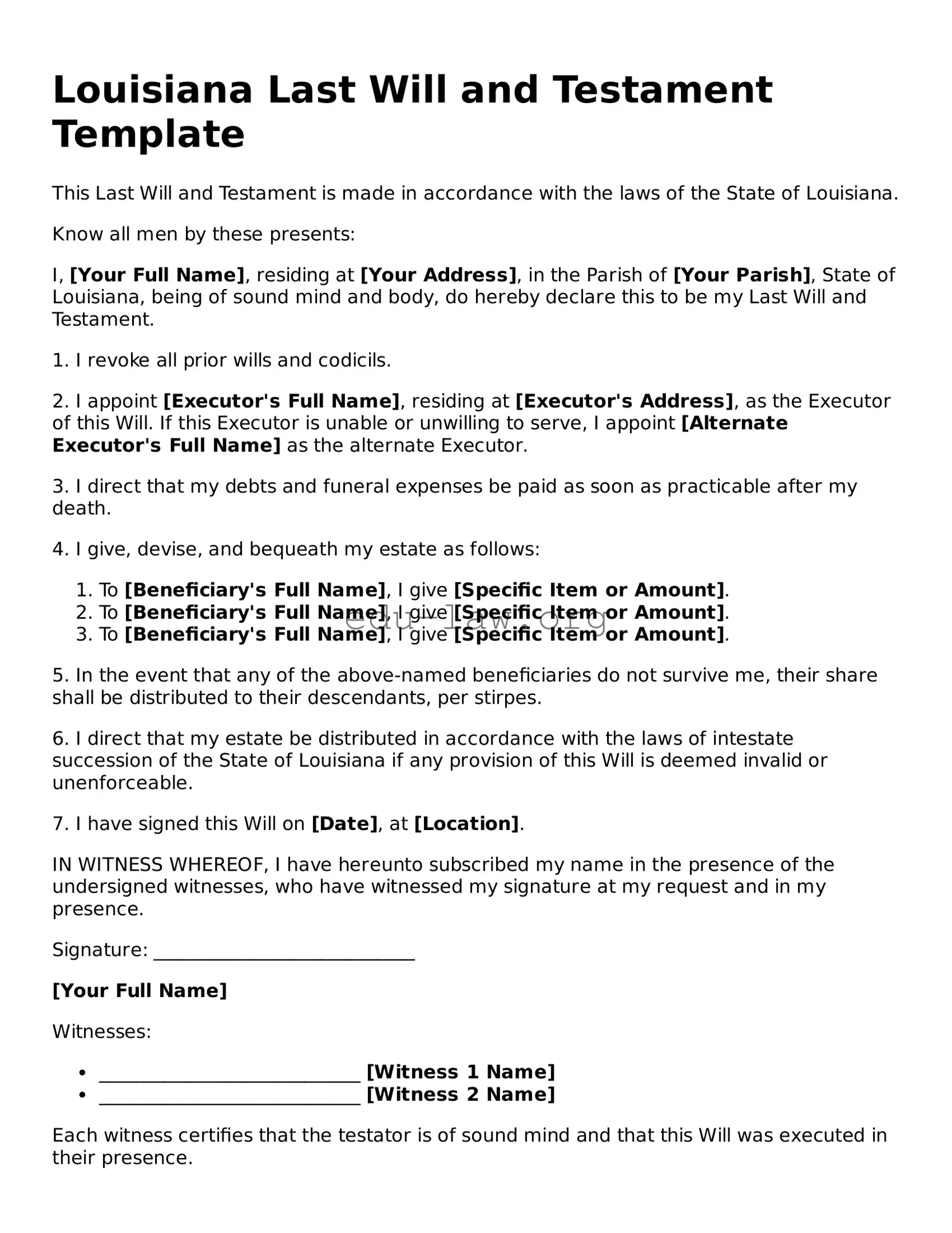 Legal  Last Will and Testament Template for Louisiana