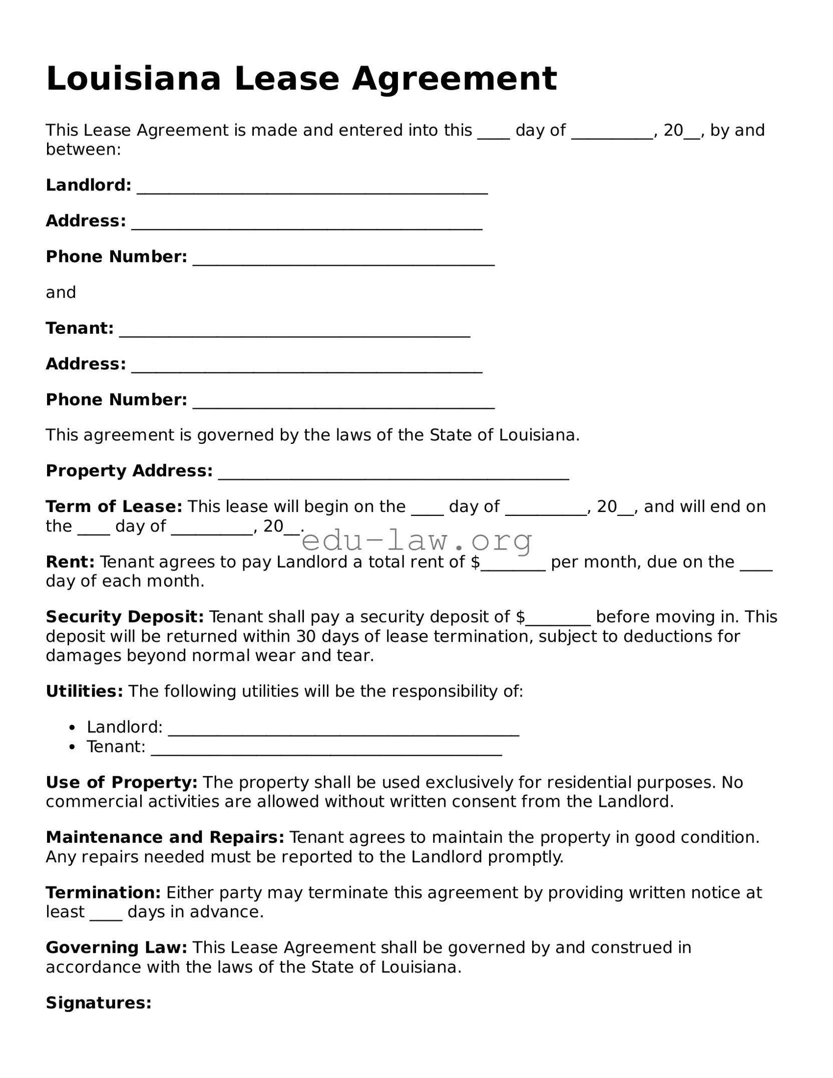 Legal  Lease Agreement Template for Louisiana