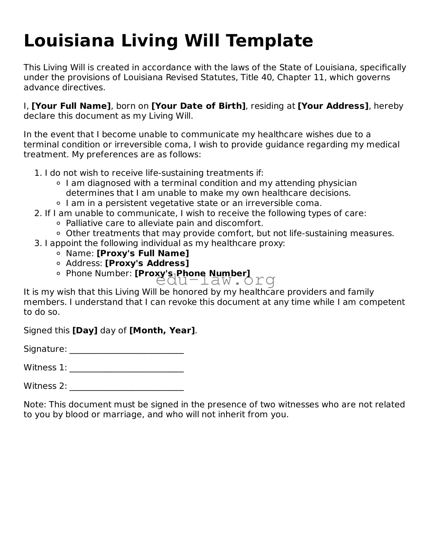 Legal  Living Will Template for Louisiana