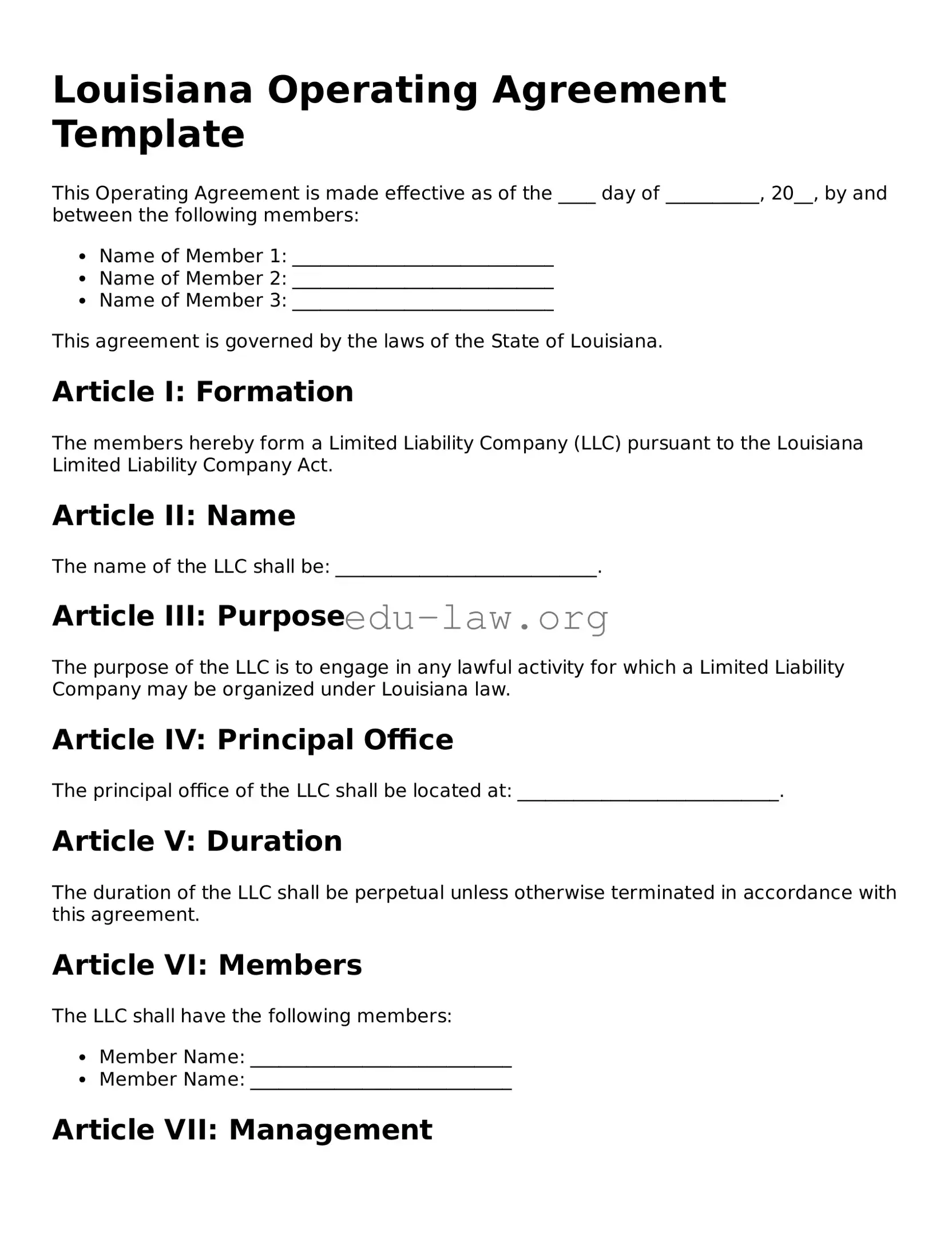 Legal  Operating Agreement Template for Louisiana