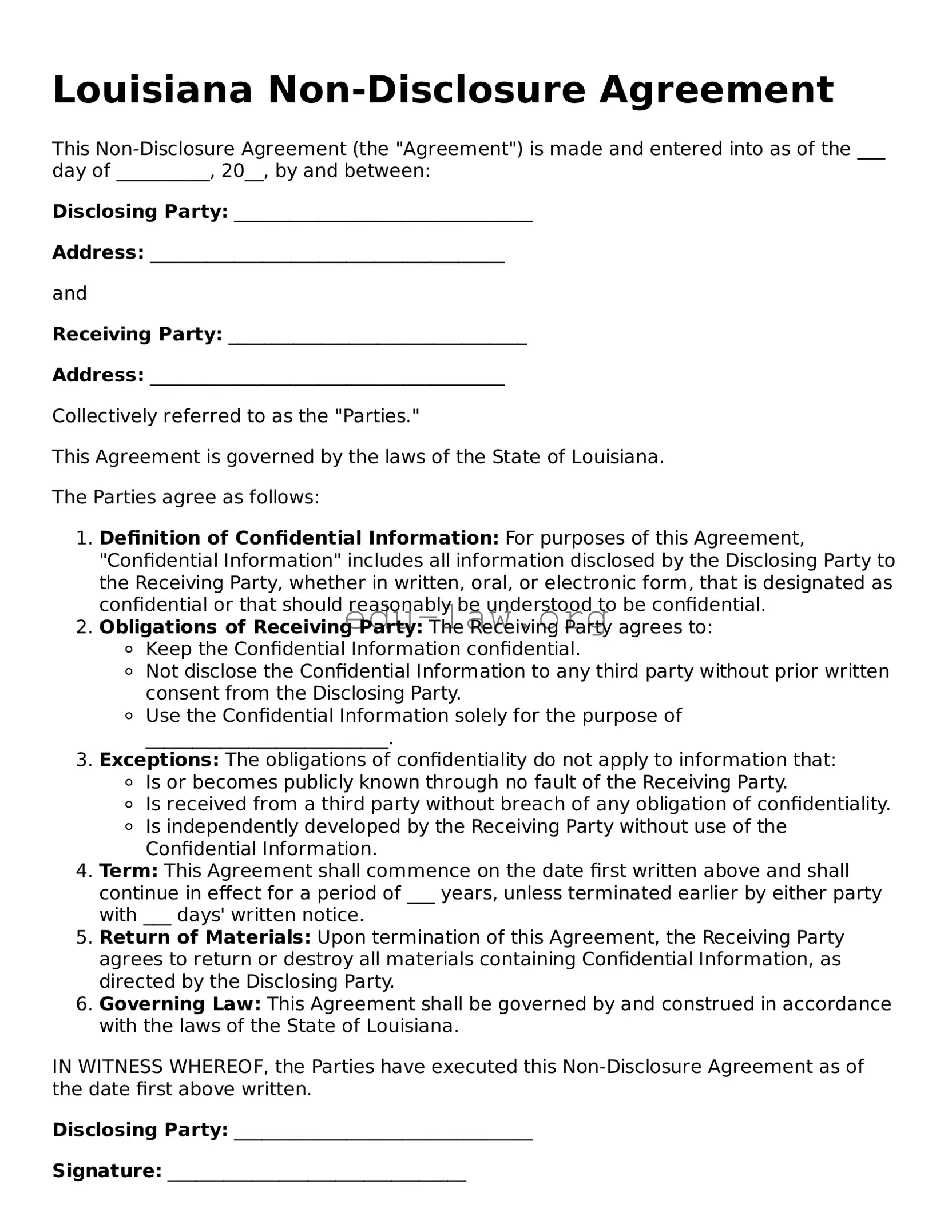 Legal  Non-disclosure Agreement Template for Louisiana