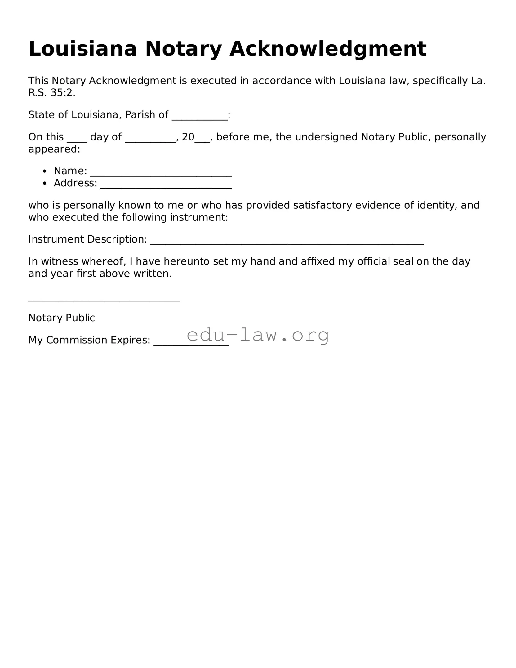 Legal  Notary Acknowledgement Template for Louisiana