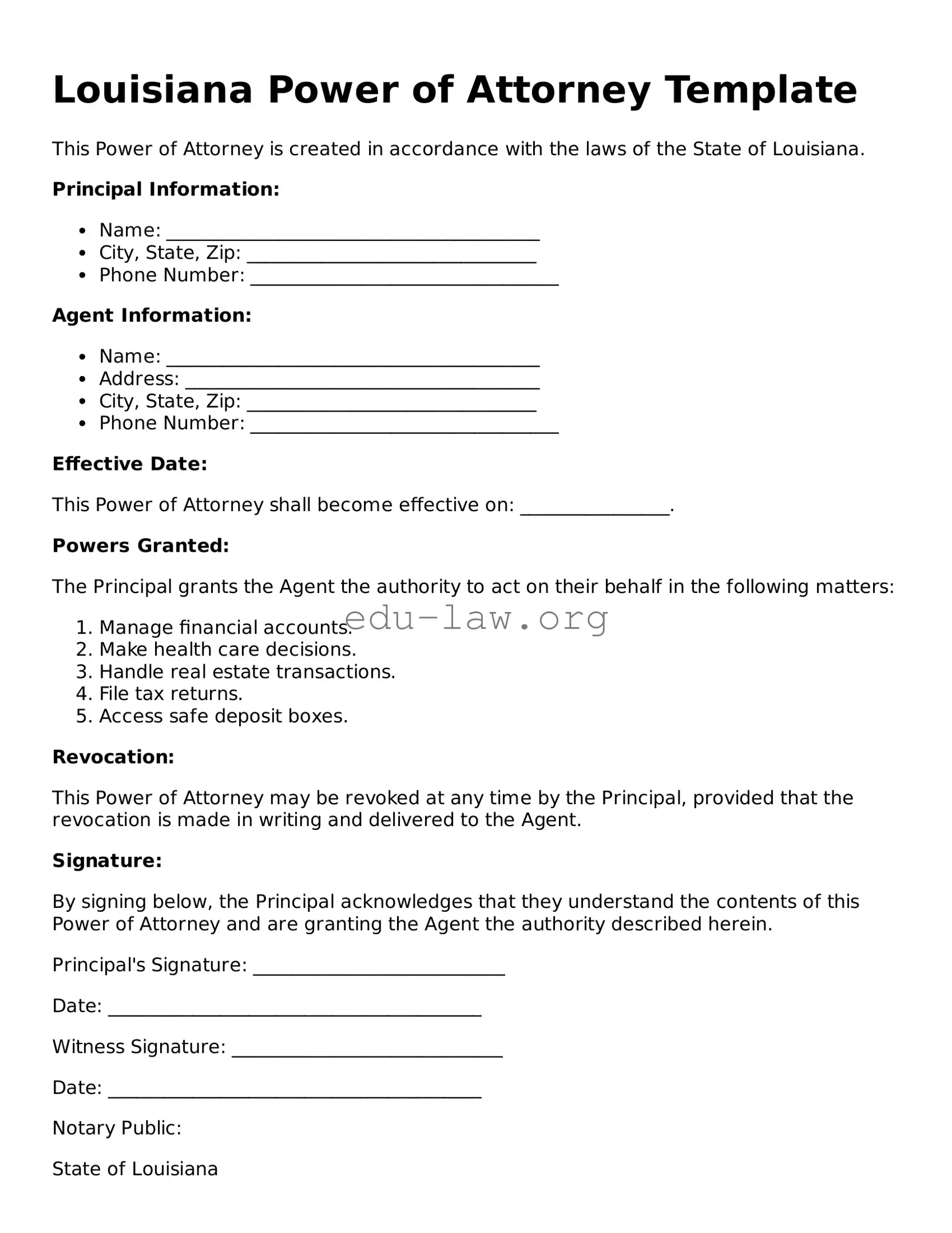 Legal  Power of Attorney Template for Louisiana