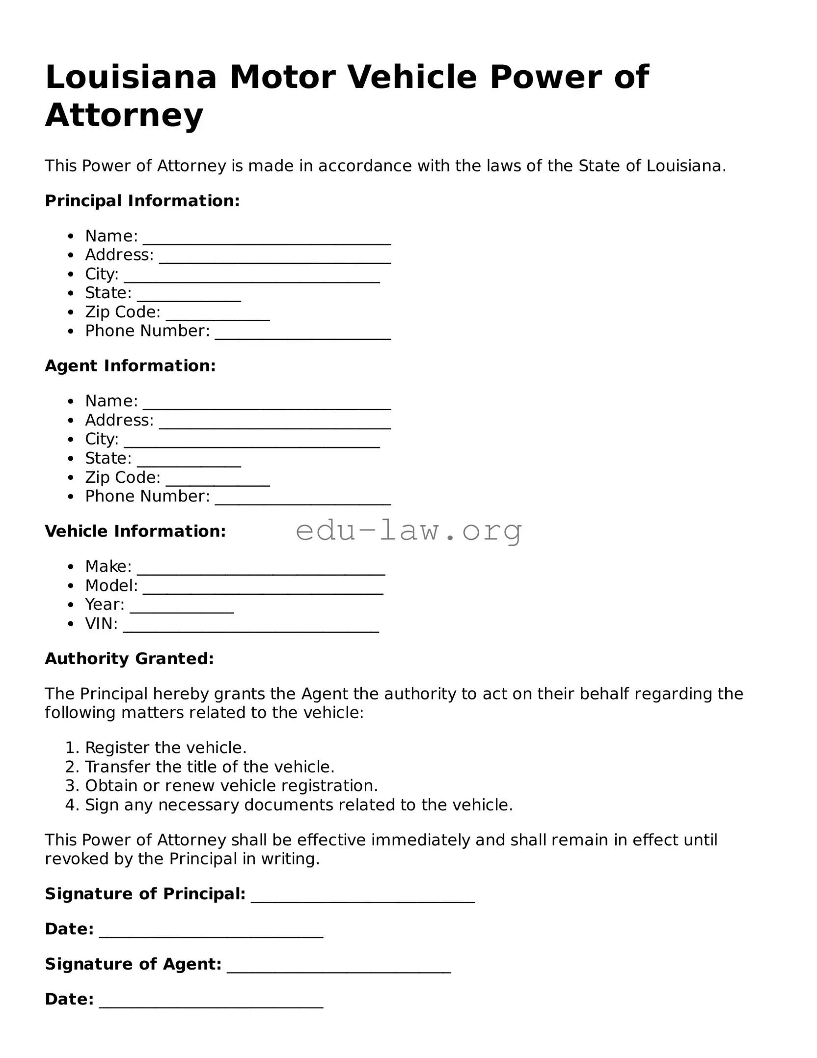 Legal  Motor Vehicle Power of Attorney Template for Louisiana