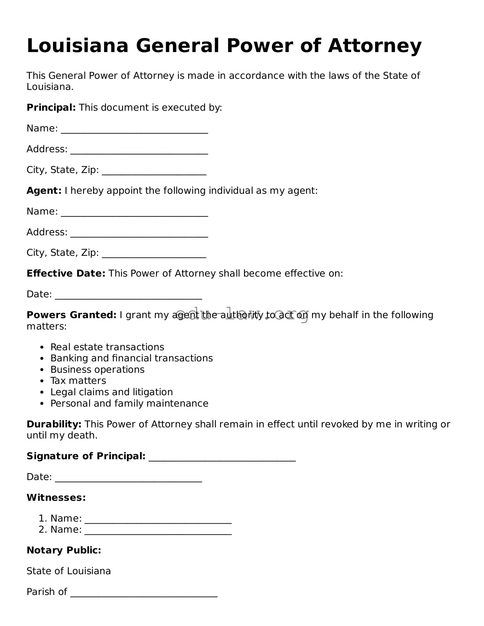 Legal  General Power of Attorney Template for Louisiana