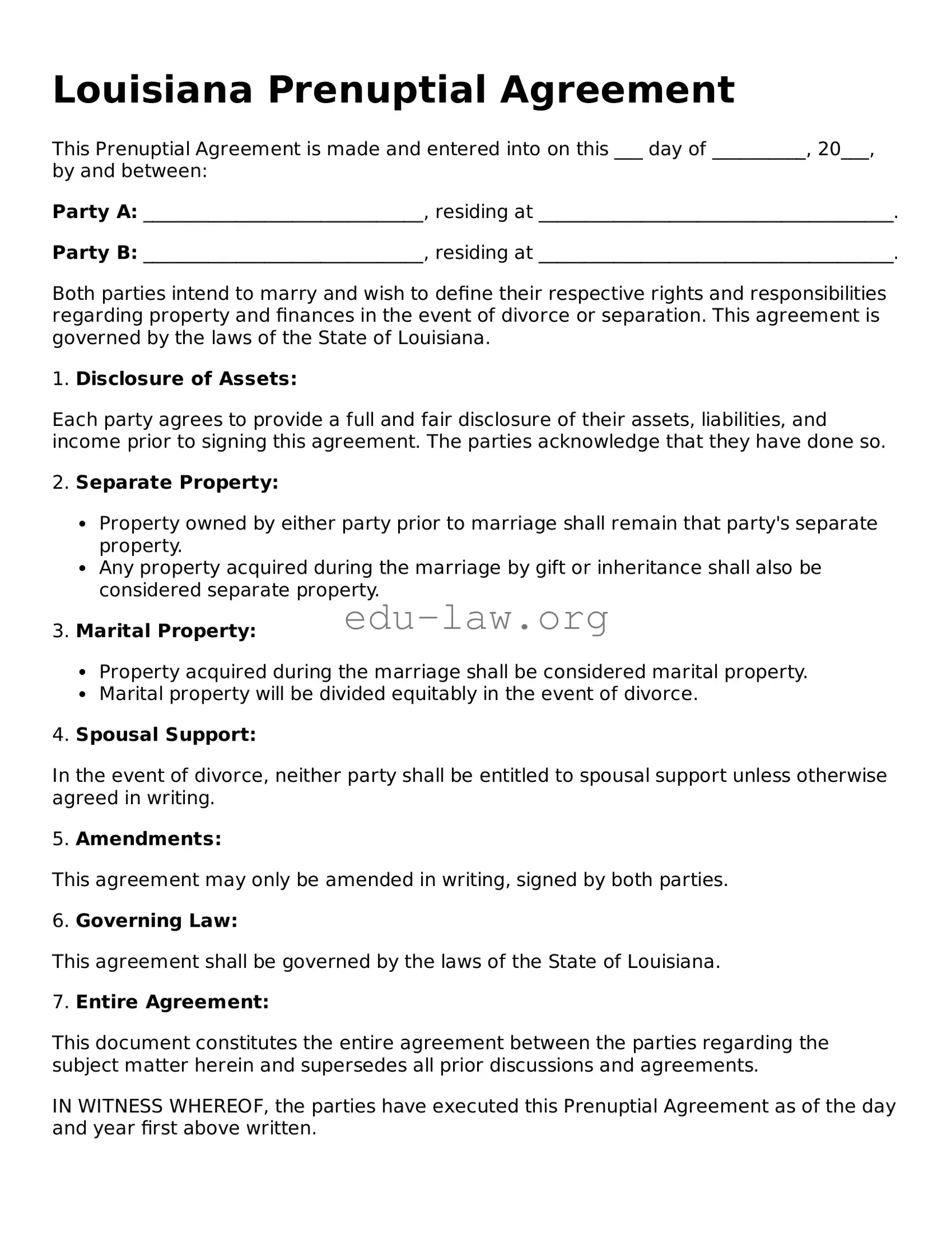 Legal  Prenuptial Agreement Template for Louisiana