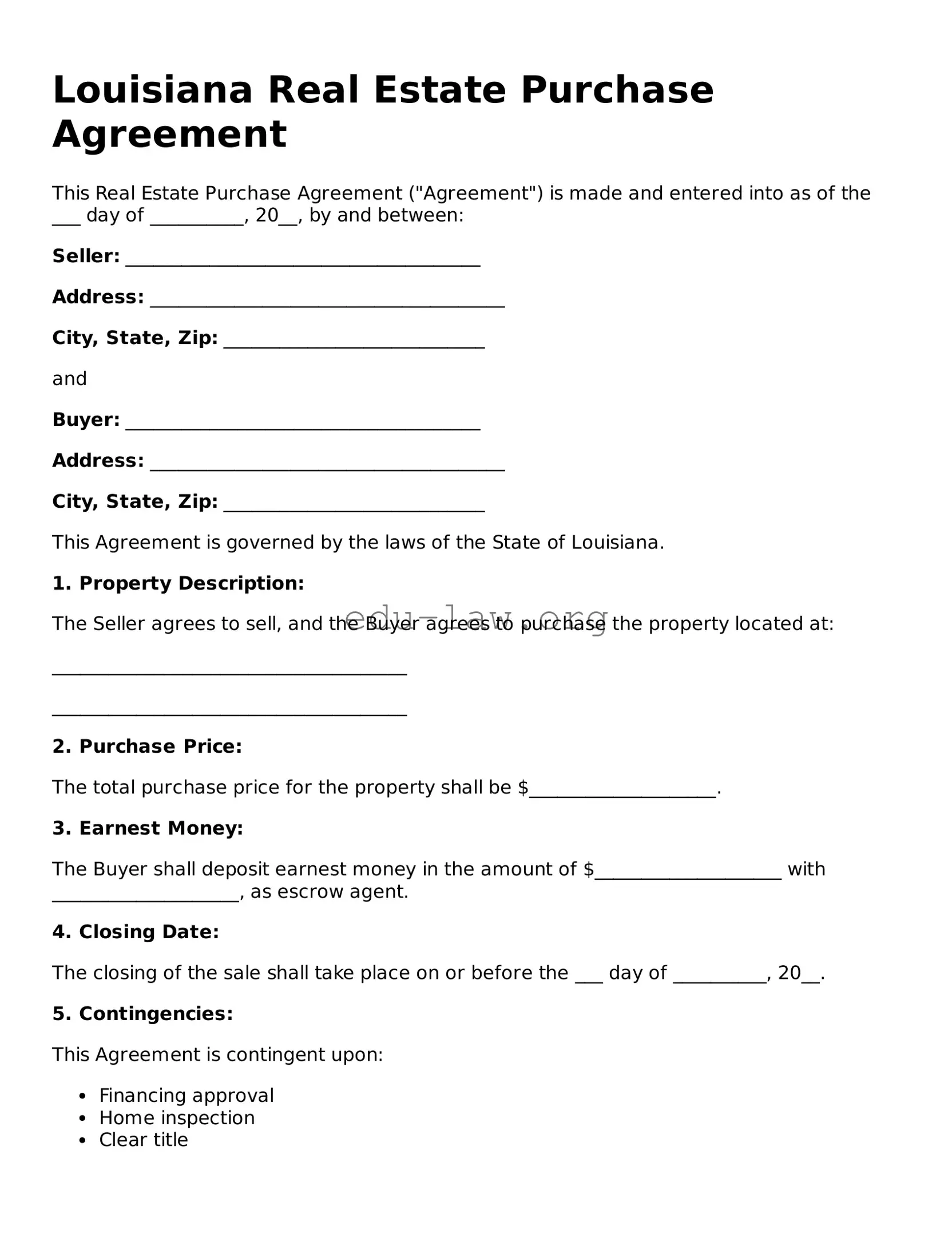 Legal  Real Estate Purchase Agreement Template for Louisiana