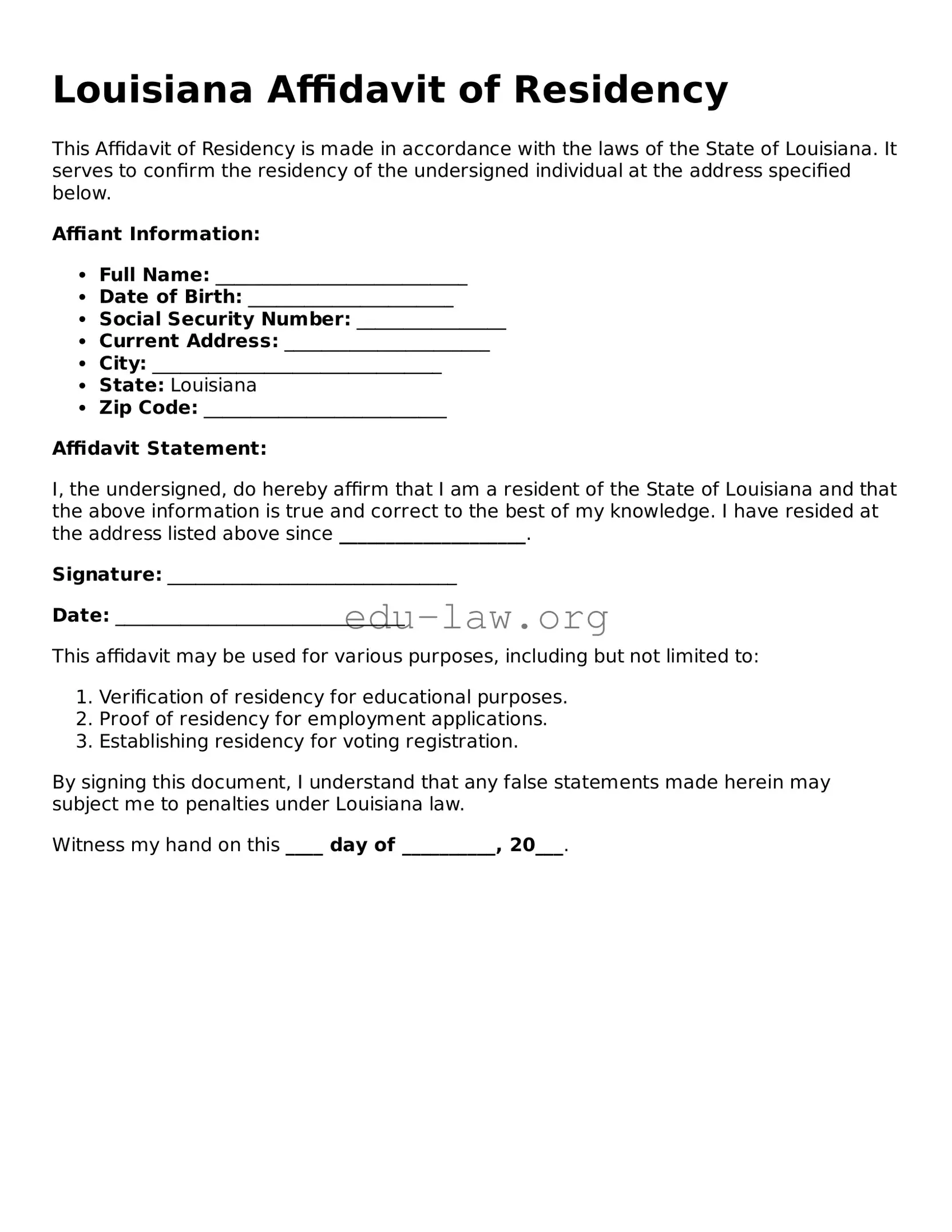 Legal  Affidavit of Residency Template for Louisiana