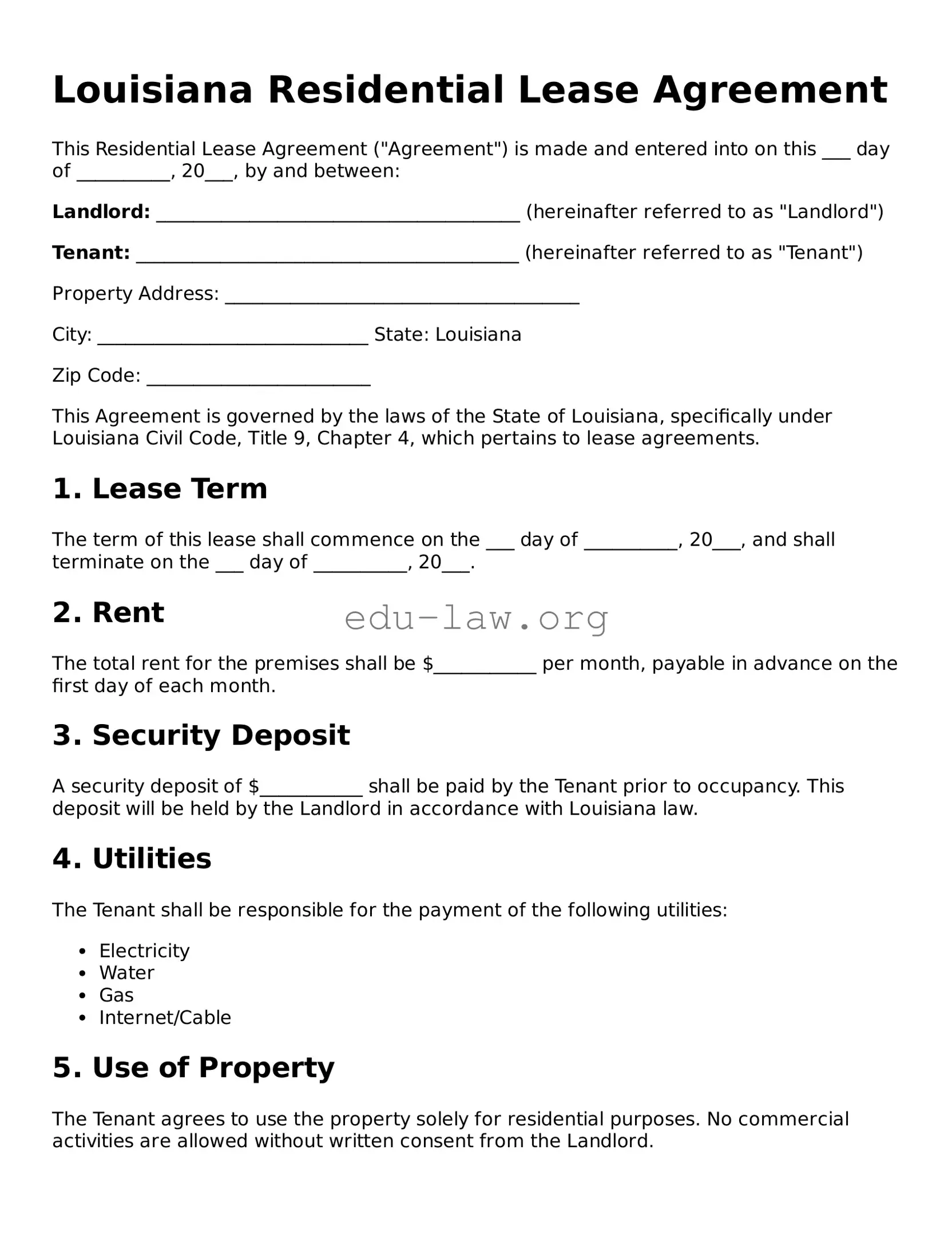 Legal  Residential Lease Agreement Template for Louisiana