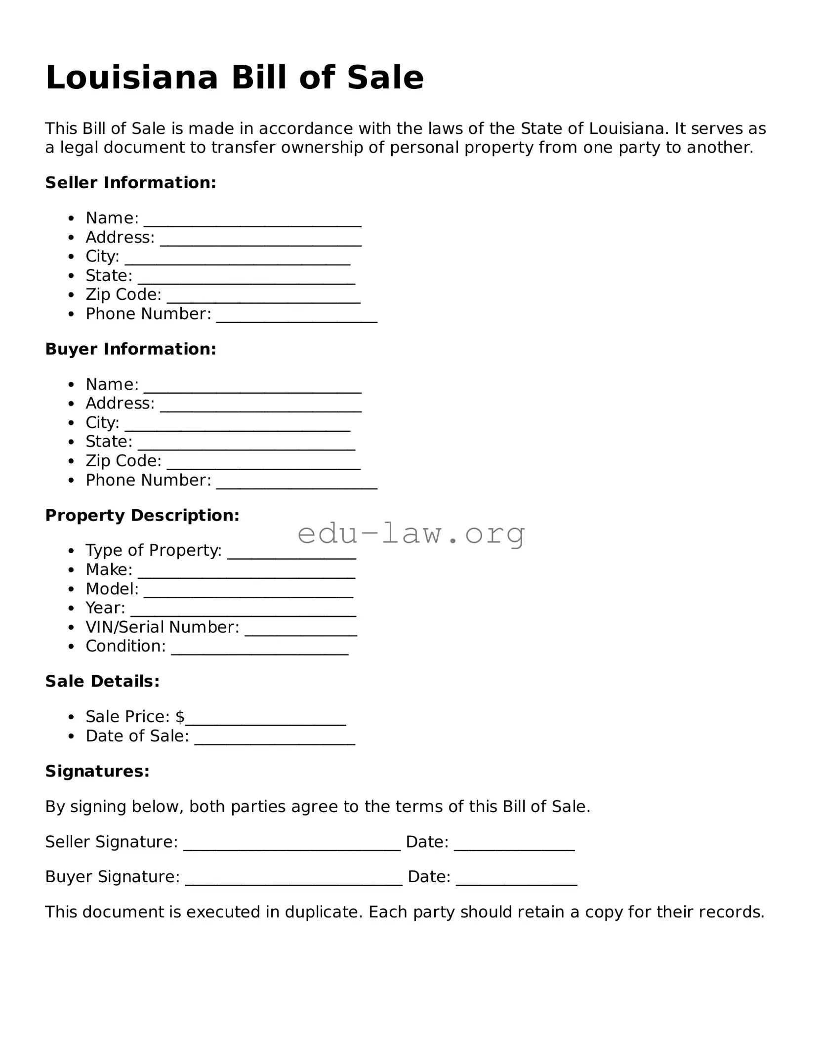 Legal  Bill of Sale Template for Louisiana