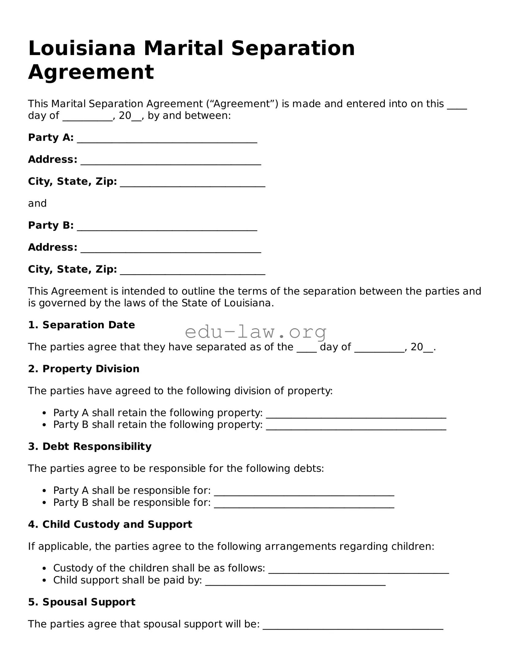 Legal  Marital Separation Agreement Template for Louisiana
