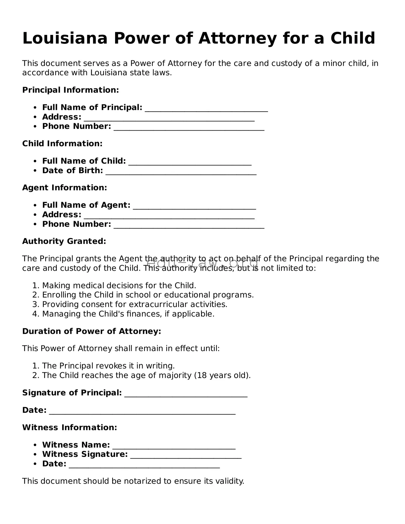 Legal  Power of Attorney for a Child Template for Louisiana