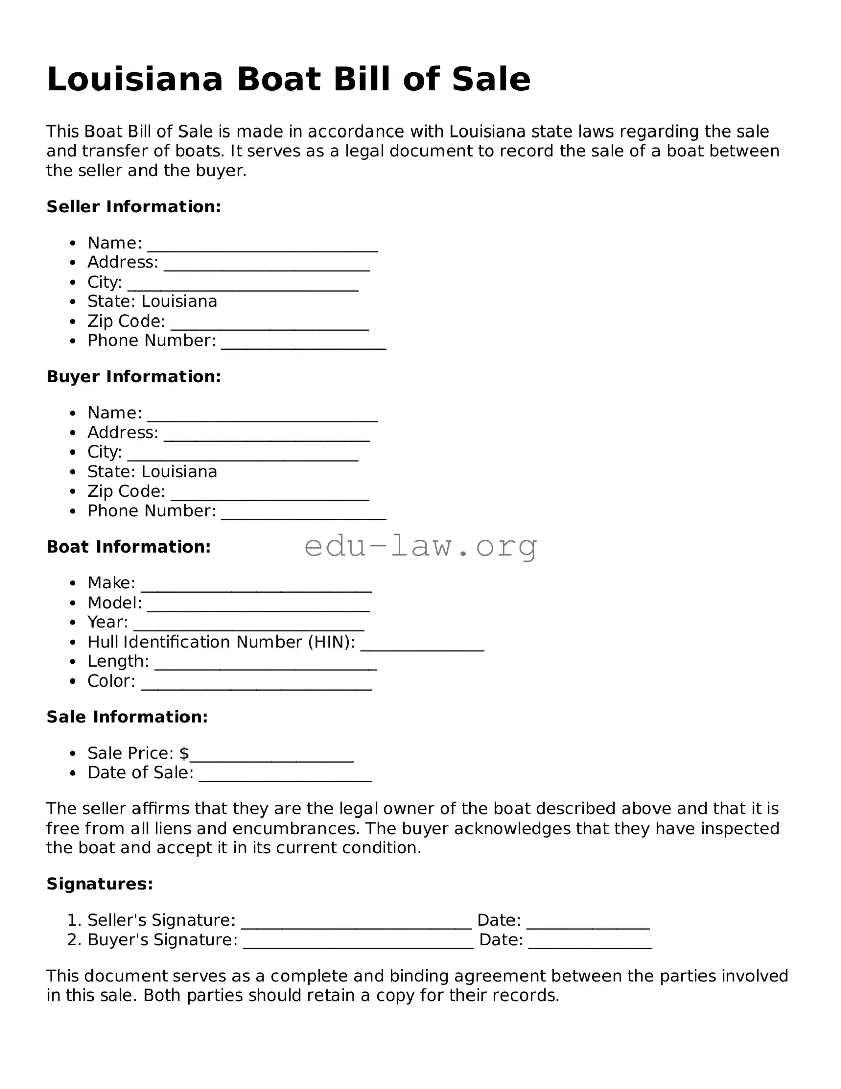 Legal  Boat Bill of Sale Template for Louisiana