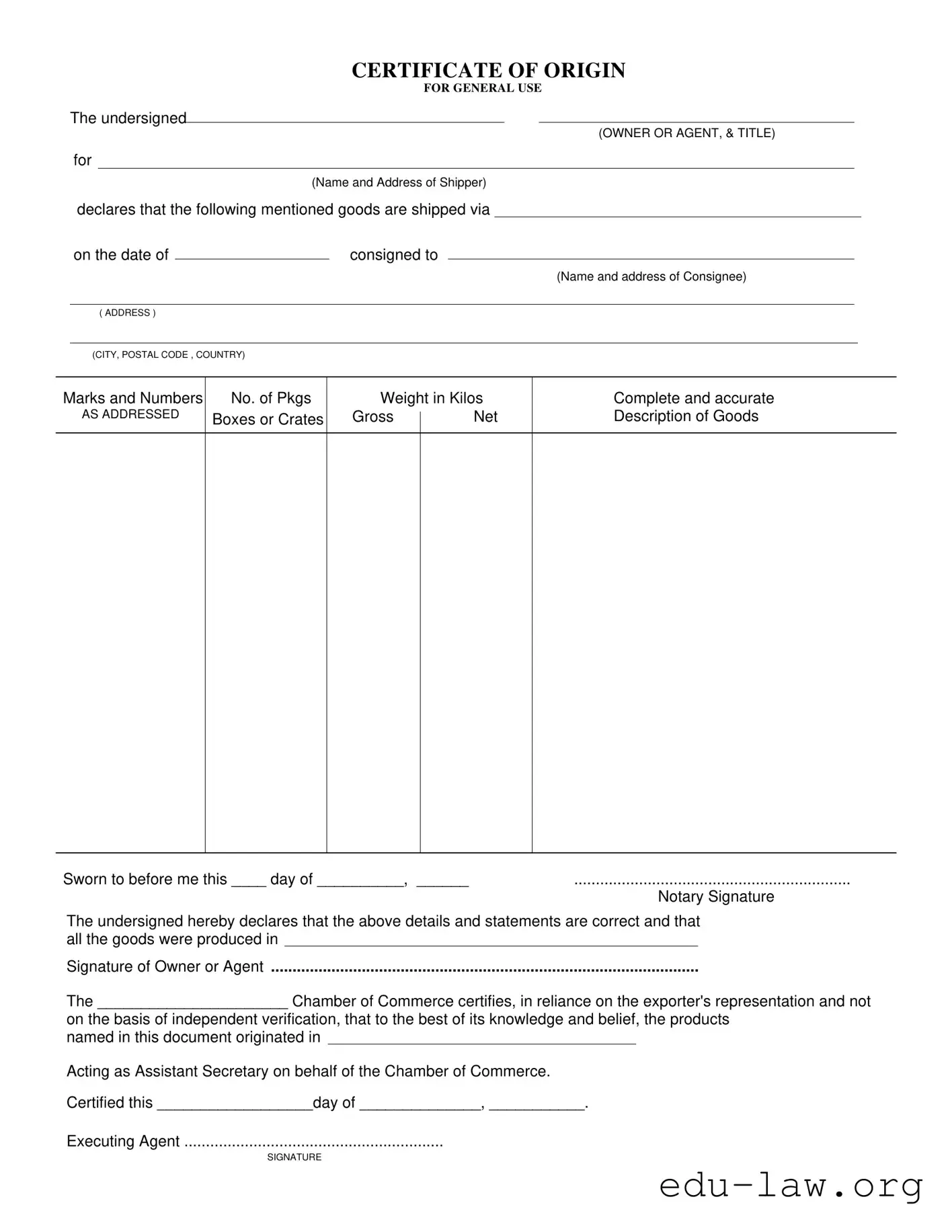 Fill in Your Certificate Of Origin Template