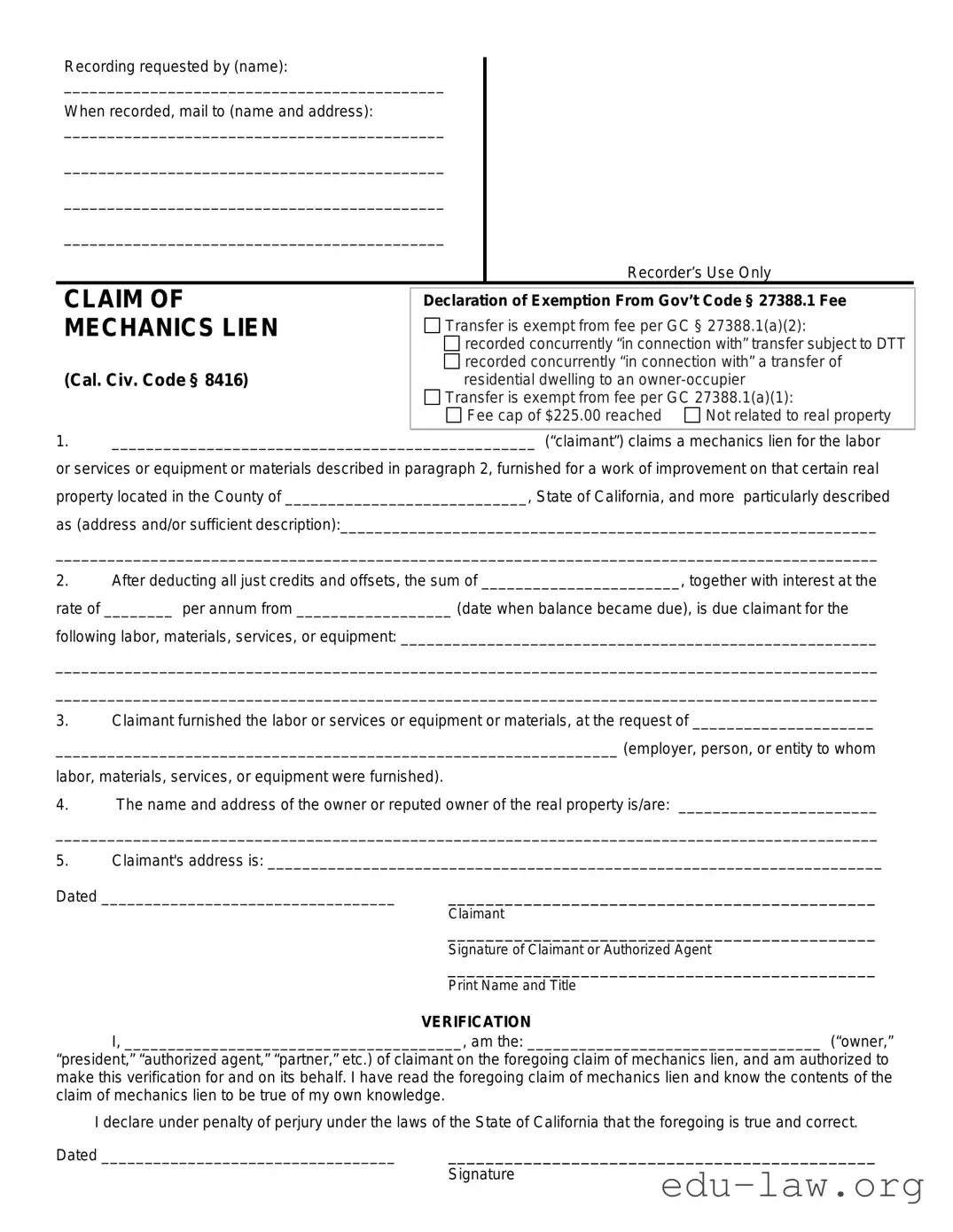 Fill in Your Mechanics Lien California Template