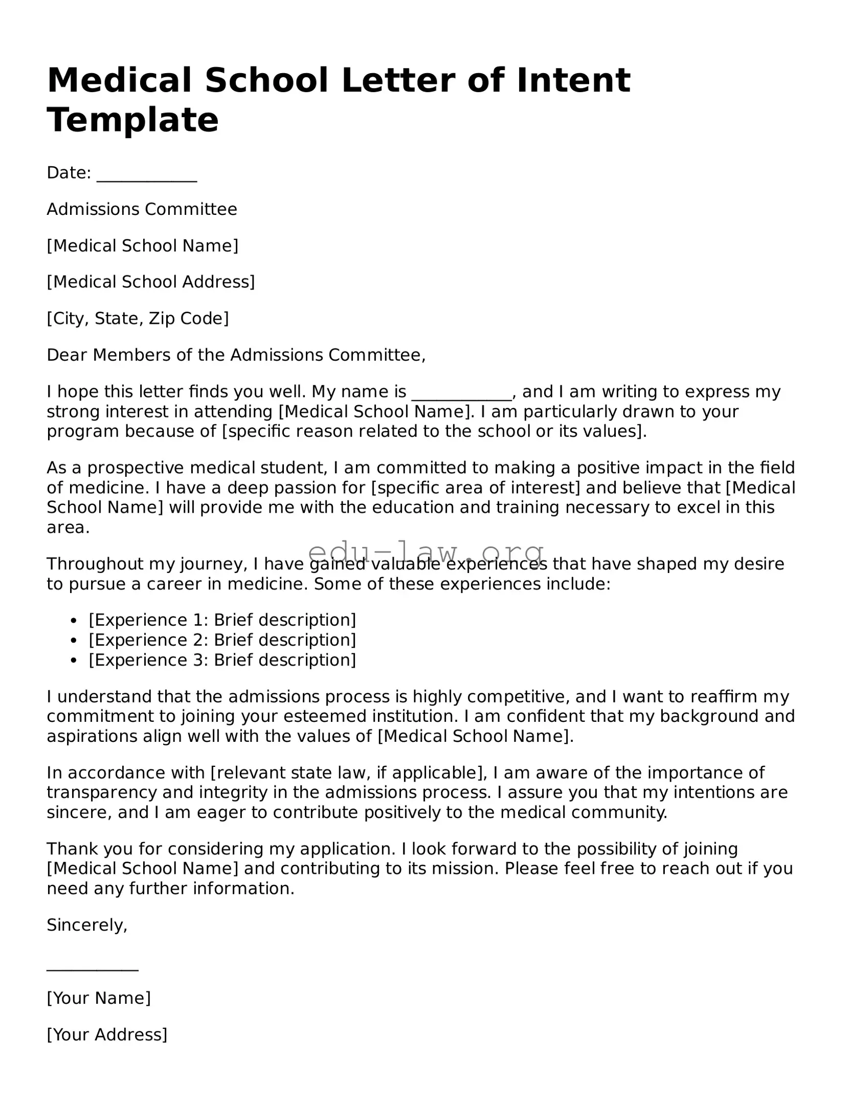Medical School Letter of Intent Template