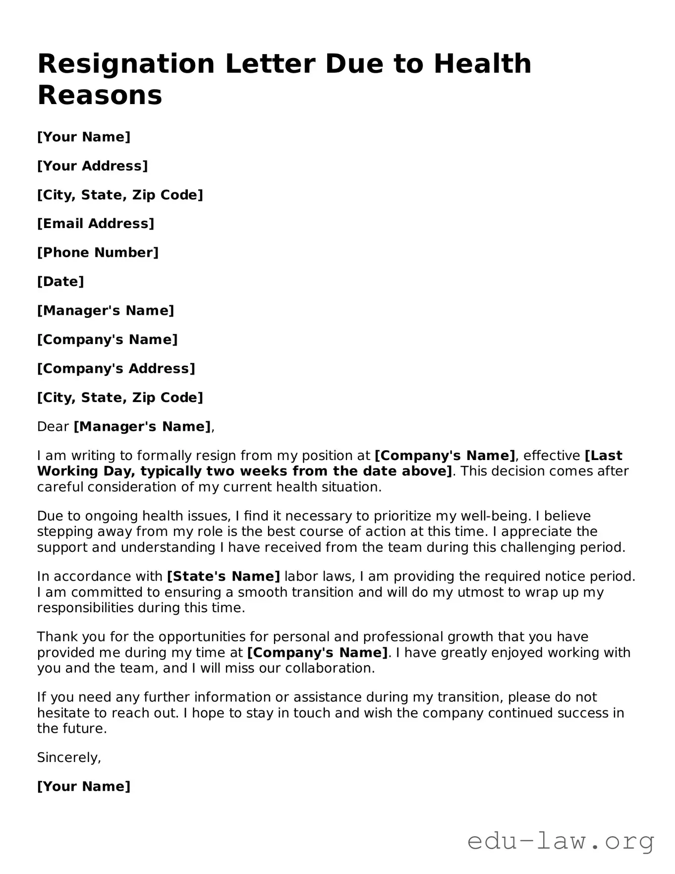 Resignation Letter Due to Health Reasons Template