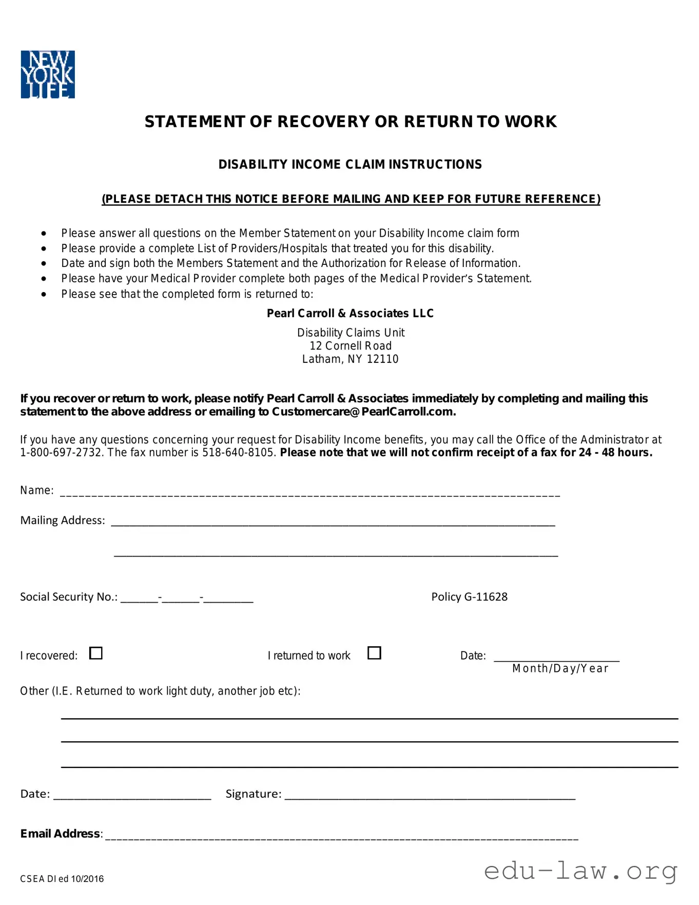 Fill in Your Pearl Carroll Disability Claim Template