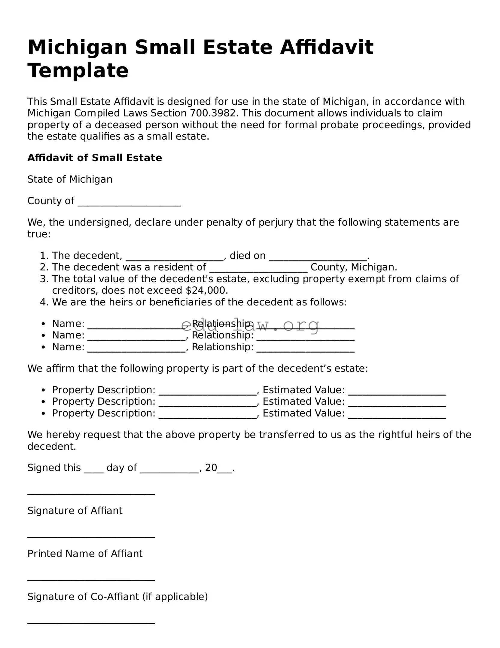 Legal  Small Estate Affidavit Template for Michigan