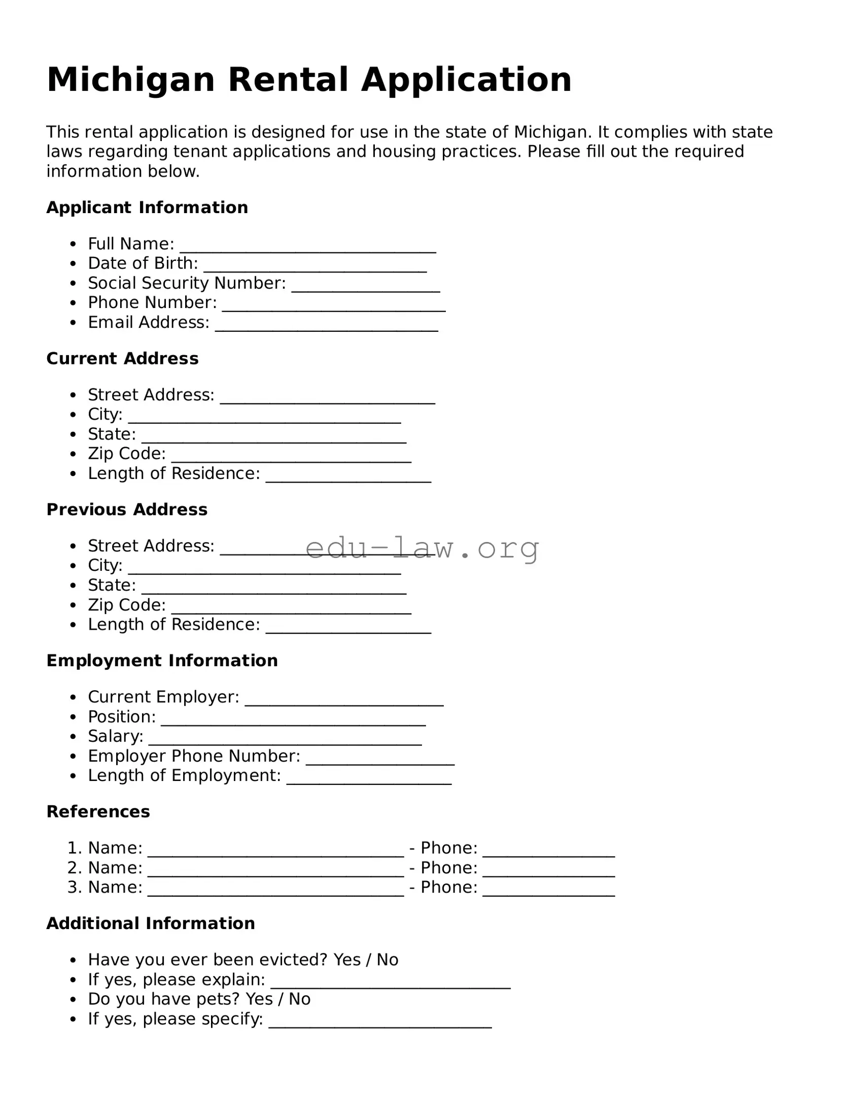 Legal  Rental Application Template for Michigan