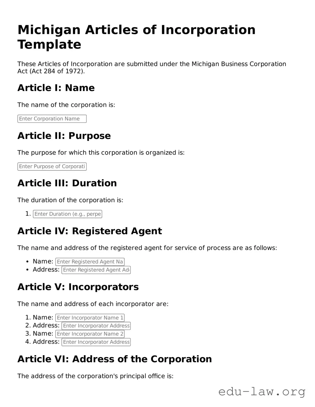 Legal  Articles of Incorporation Template for Michigan