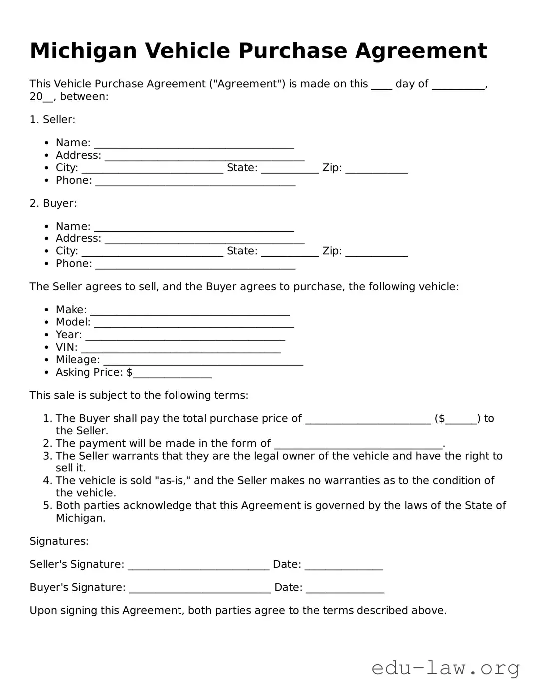 Legal  Vehicle Purchase Agreement Template for Michigan
