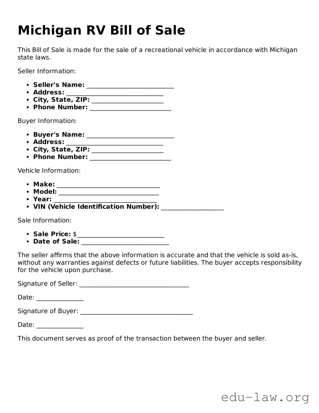 Legal  RV Bill of Sale Template for Michigan