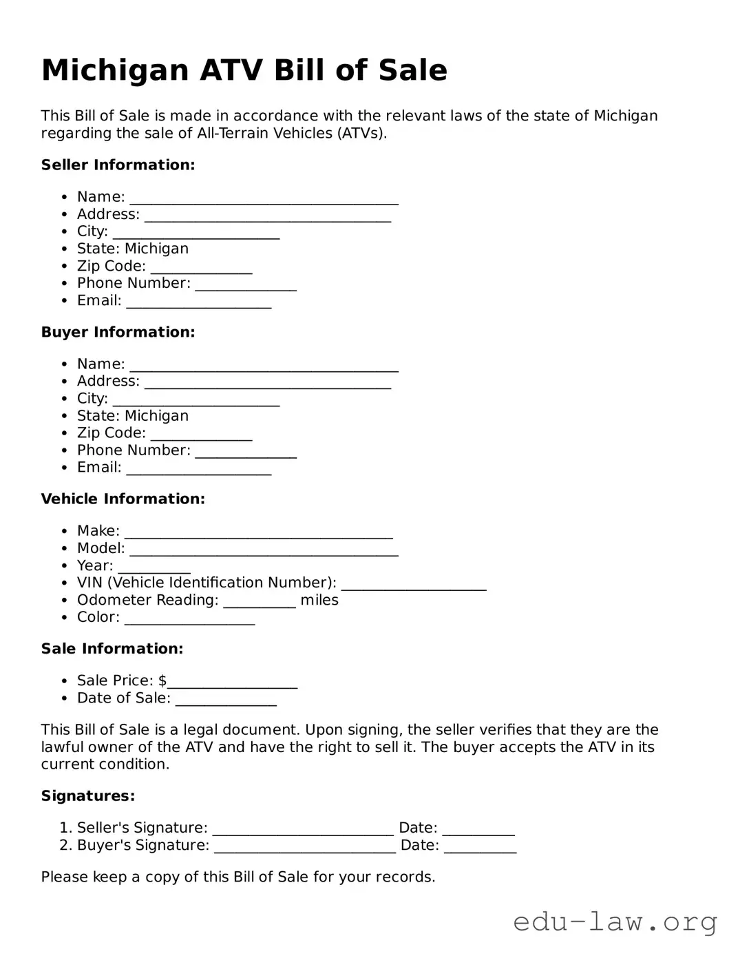 Legal  ATV Bill of Sale Template for Michigan