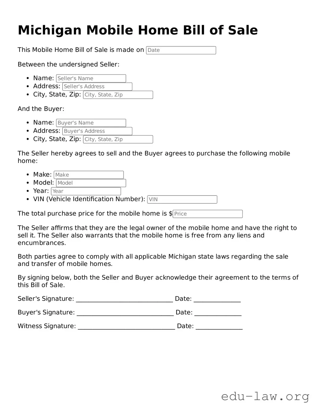 Legal  Mobile Home Bill of Sale Template for Michigan