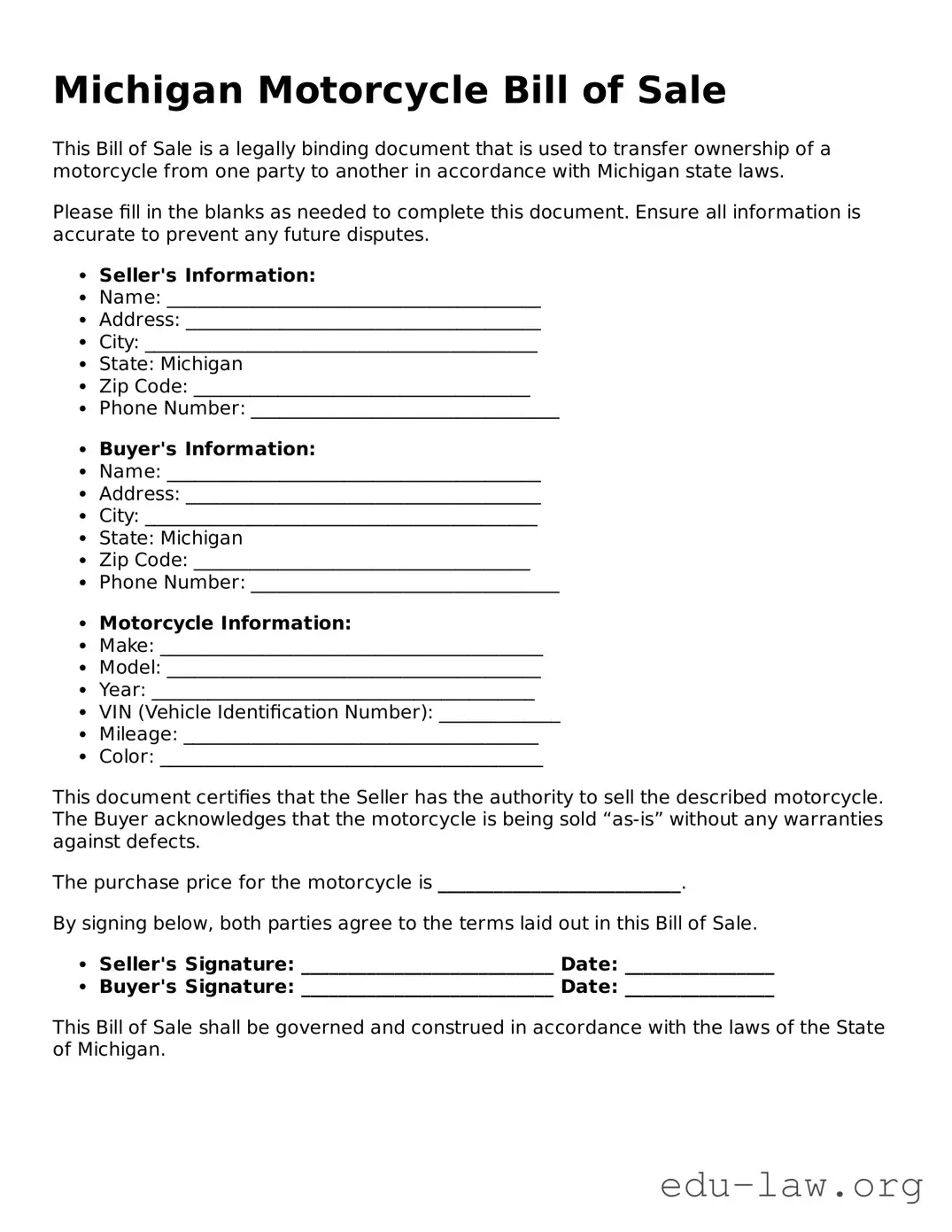 Legal  Motorcycle Bill of Sale Template for Michigan