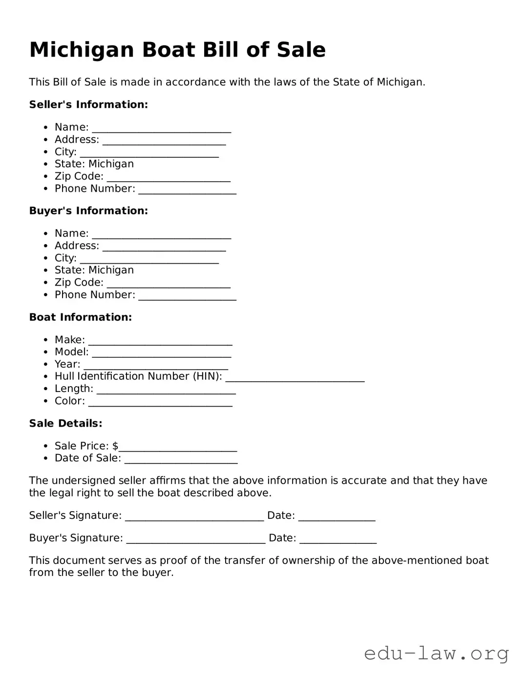 Legal  Boat Bill of Sale Template for Michigan