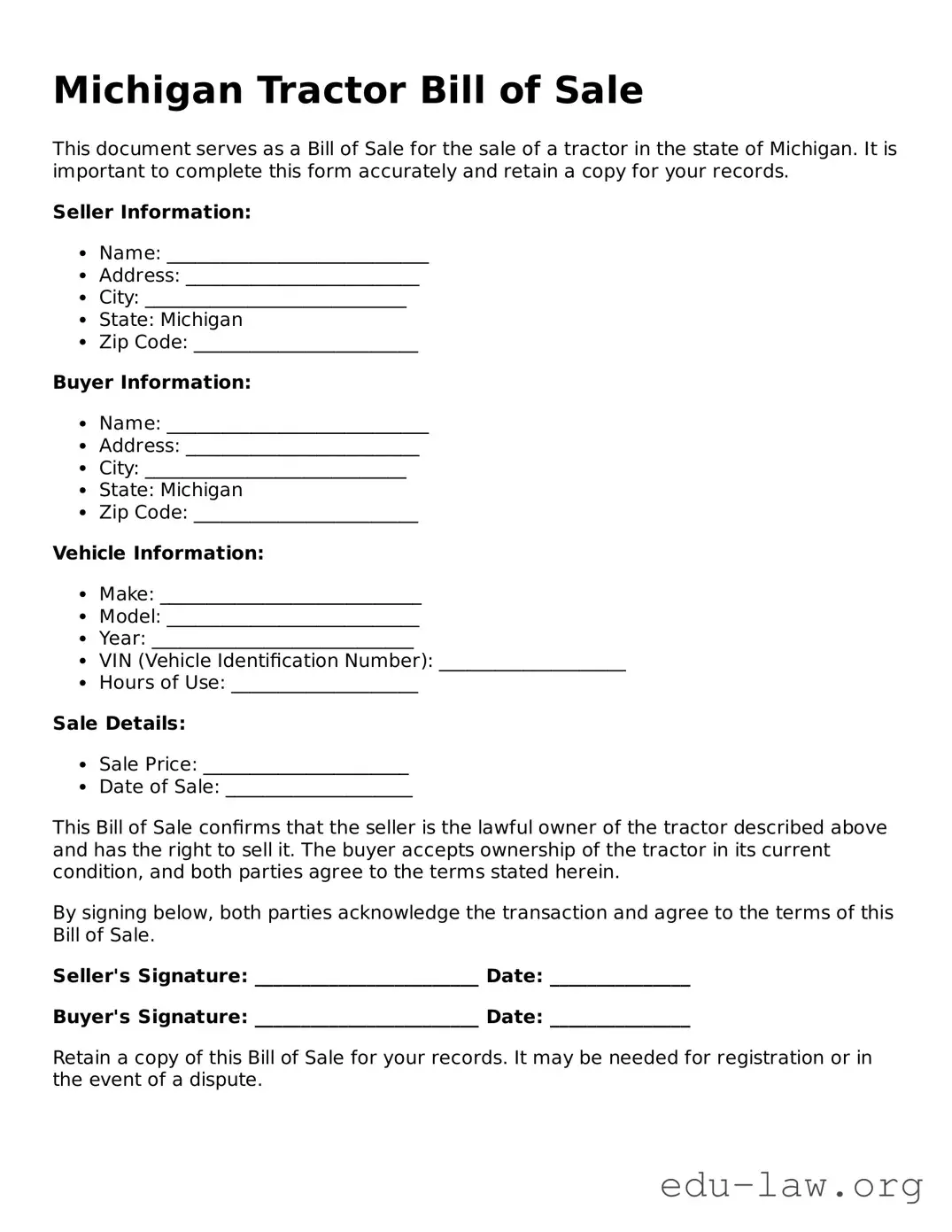 Legal  Tractor Bill of Sale Template for Michigan