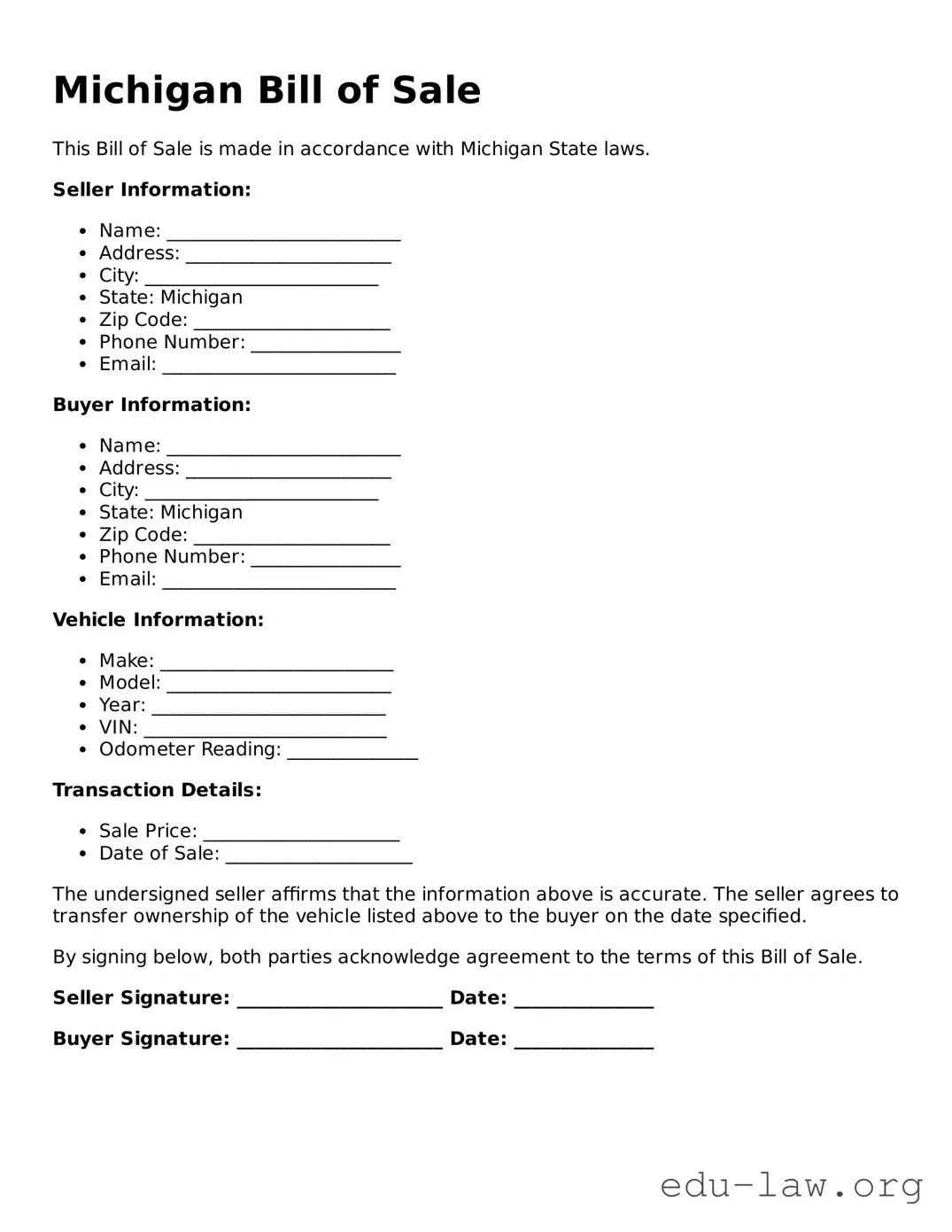 Legal  Bill of Sale Template for Michigan