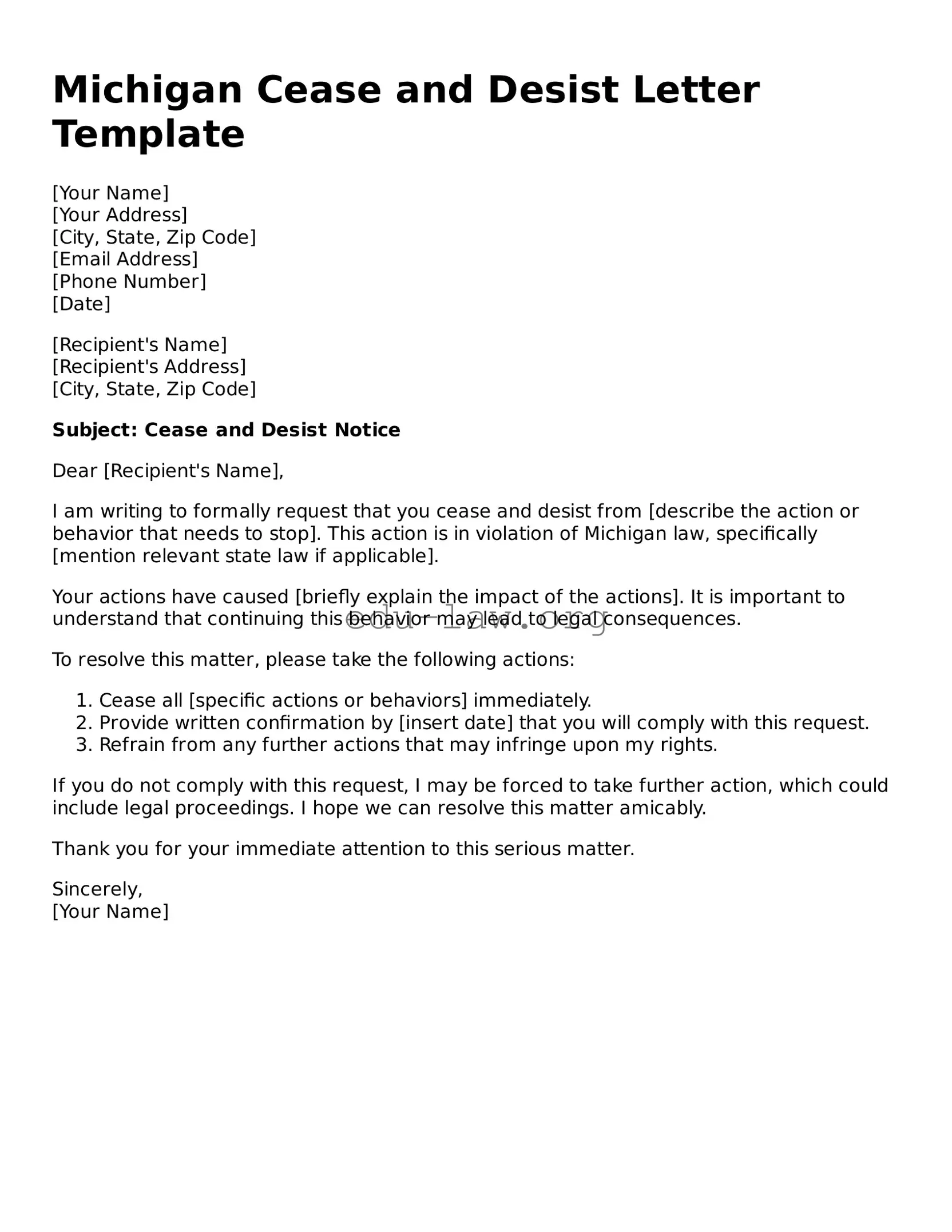 Legal  Cease and Desist Letter Template for Michigan