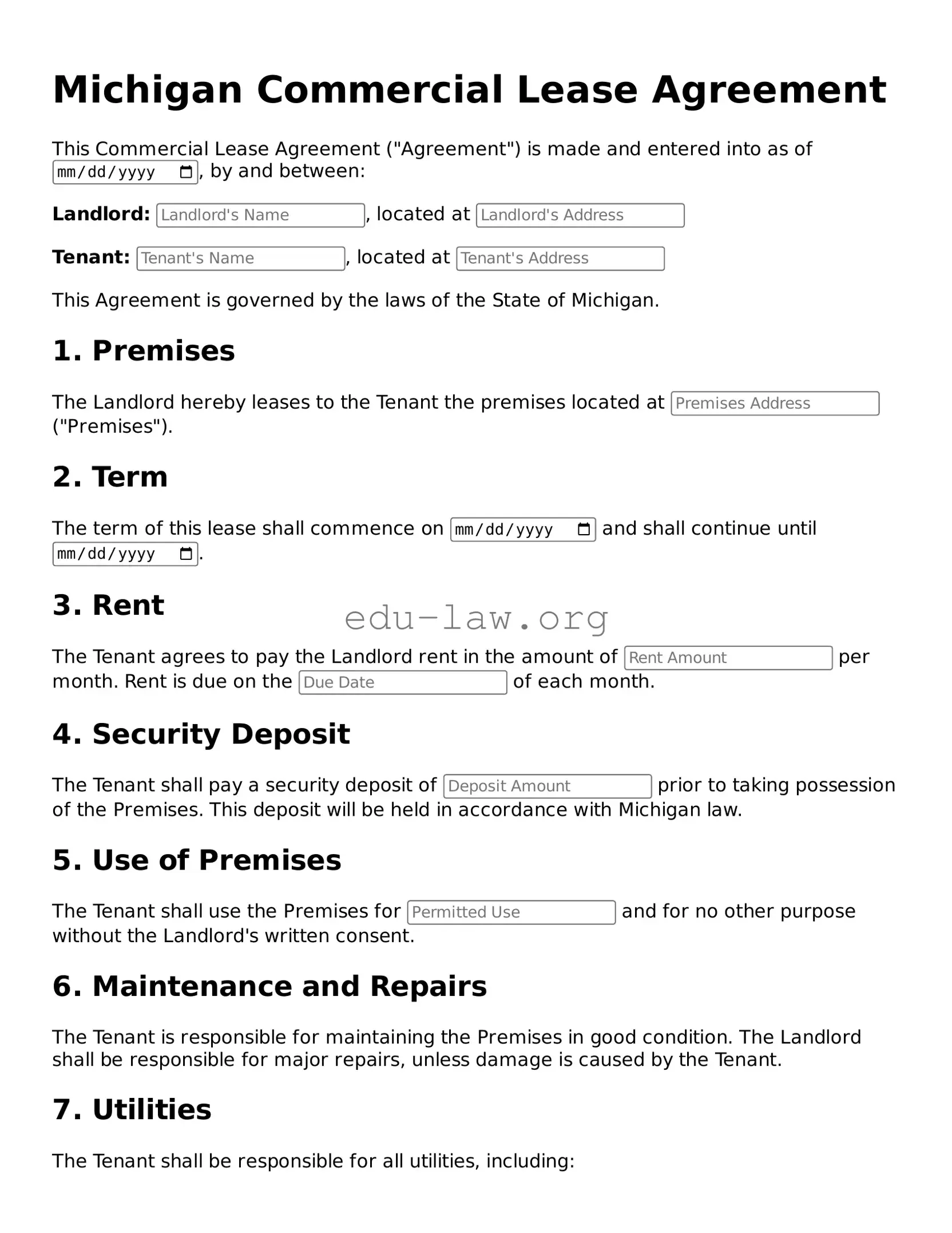 Legal  Commercial Lease Agreement Template for Michigan