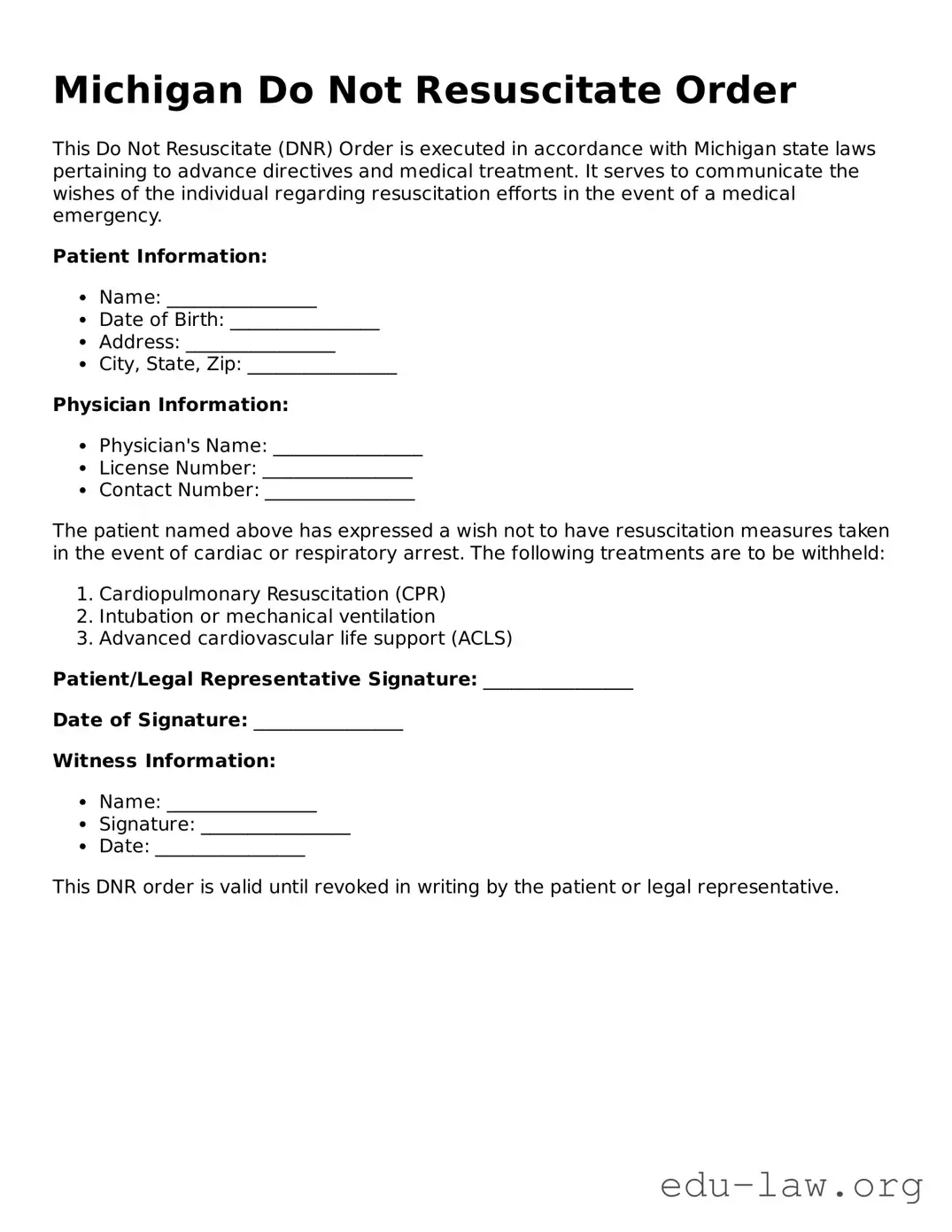 Legal  Do Not Resuscitate Order Template for Michigan
