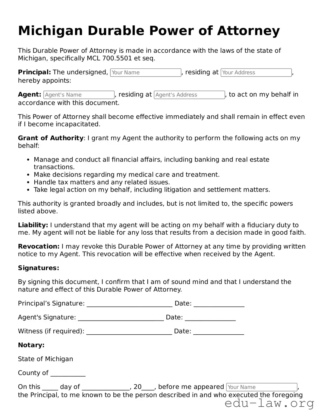 Legal  Durable Power of Attorney Template for Michigan