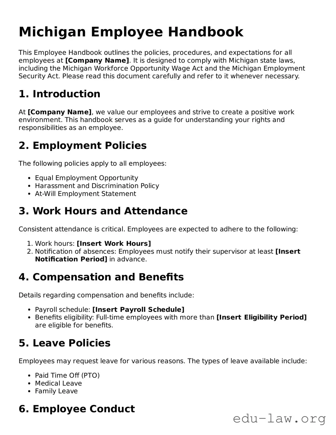 Legal  Employee Handbook Template for Michigan