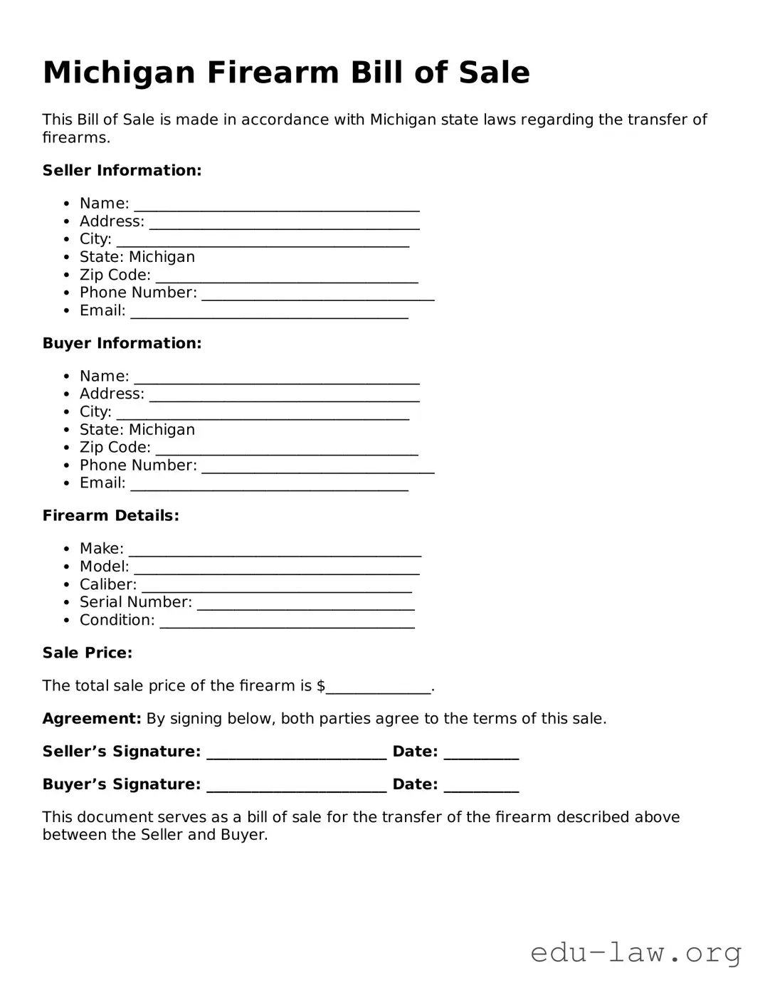 Legal  Firearm Bill of Sale Template for Michigan