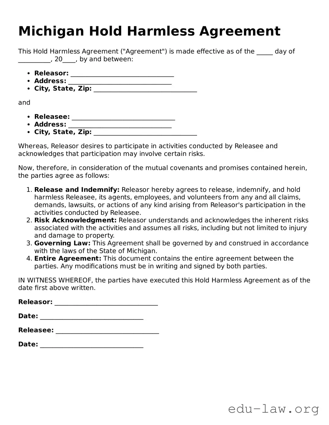 Legal  Hold Harmless Agreement Template for Michigan