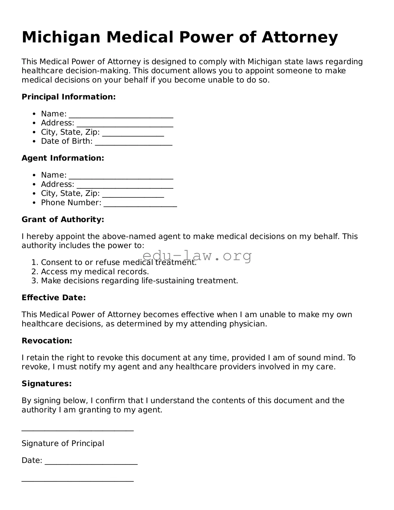 Legal  Medical Power of Attorney Template for Michigan
