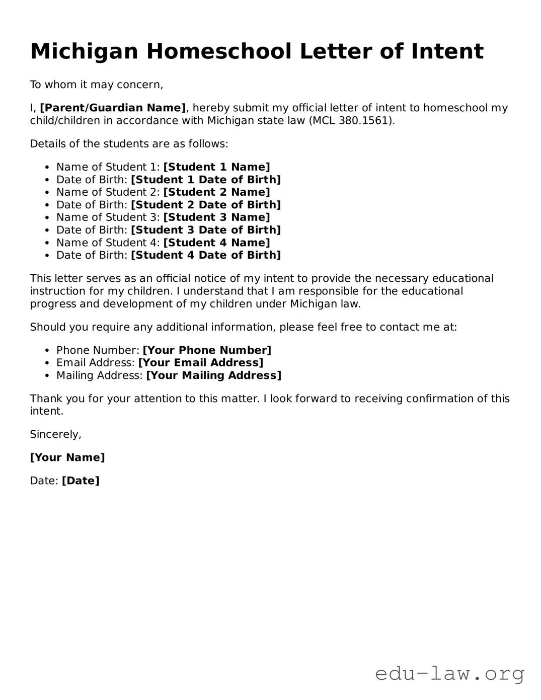 Legal  Homeschool Letter of Intent Template for Michigan