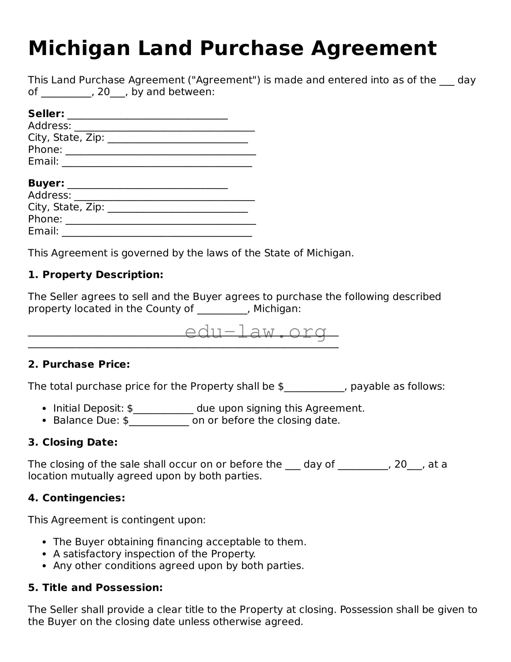 Legal  Land Purchase Agreement Template for Michigan