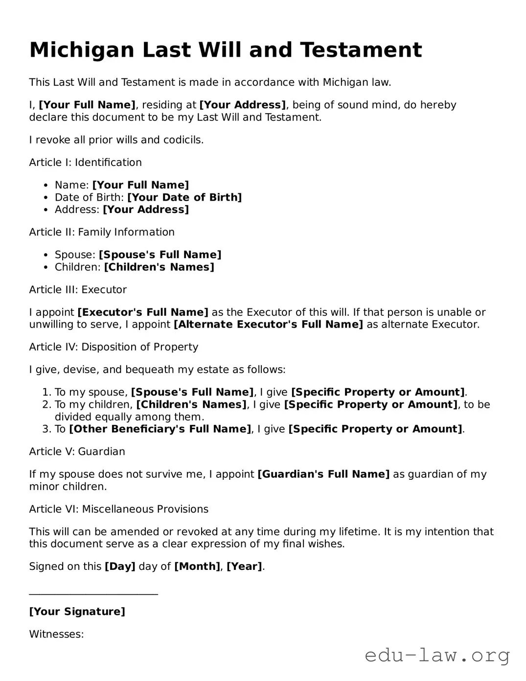 Legal  Last Will and Testament Template for Michigan