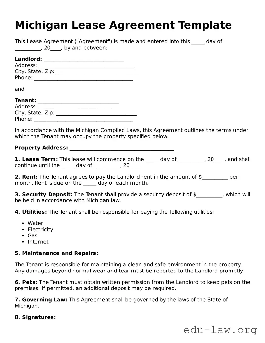 Legal  Lease Agreement Template for Michigan