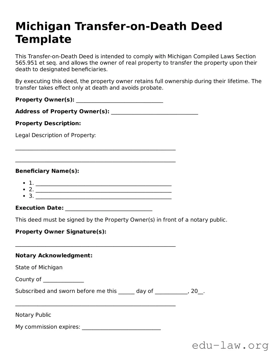 Legal  Transfer-on-Death Deed Template for Michigan